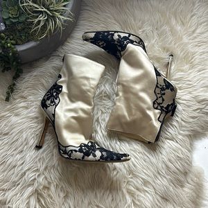 Jimmy Choo Champagne Satin Black lace heeled ankle booties 38.5 flawed